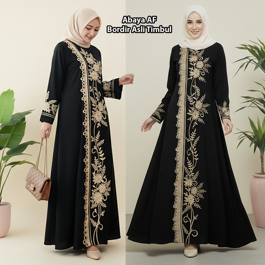 Abaya Bordir Dubai Bahan Arab Saudi Jet black Hitam Turkey by Farisa Olshop Dress Gamis Pesta Mewah 