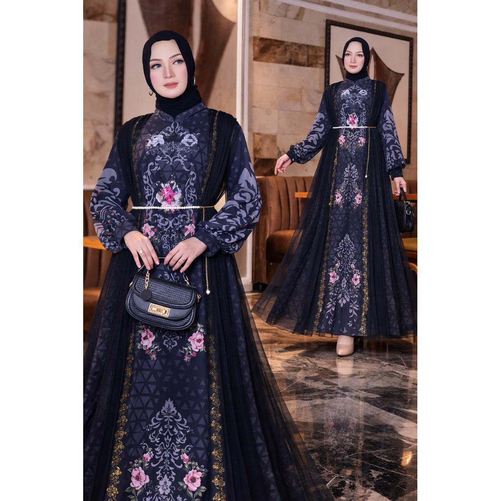 Gamis Ceruty Print Jumbo XXL LD 120 Elegan Motif Bunga Premium Full Furing