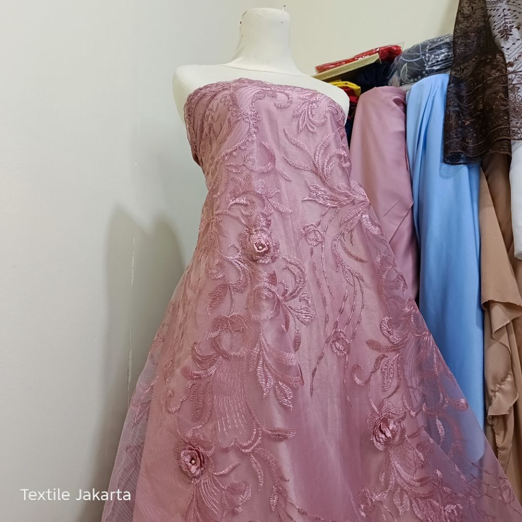 Kain Tile 3D bahan kebaya/gaun pengantin/bunga bordir timbul 3D