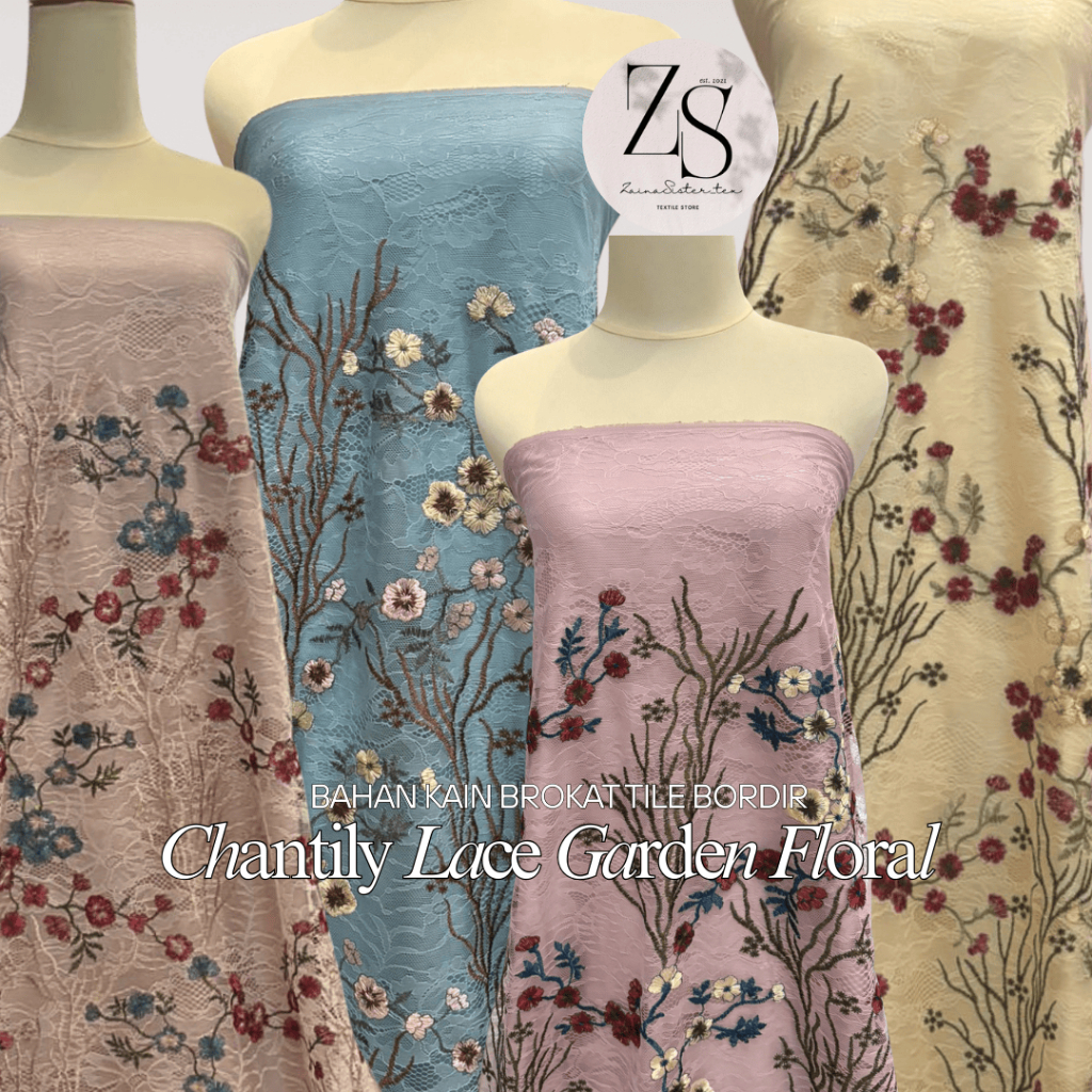 Bahan Kain Kebaya Mewah Brokat Brukat CHANTILY LACE BORDIR Motif Bunga Garden Floral Raya Collection