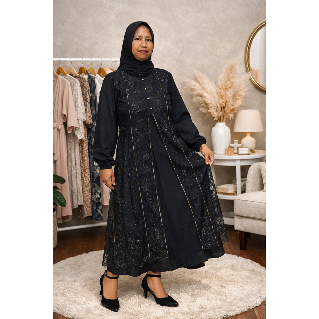 dress gamis hitam tile crinkle