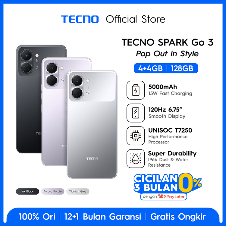 TECNO SPARK Go 3 4GB+4GB*/128GB, IP64, 6.75' HD+, 120Hz Smooth Display, 5000mAh, 15W* Charging, Freelink Communication, TECNO AI - sparkgo3