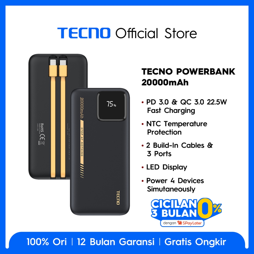TECNO Power Bank 20000 mAh, PD 3.0 & QC 3.0 22.5W Fast Charging, NTC Temperature Protection, 2 Build-In Cables & 3 Ports, LED Display-TPB-P204Q