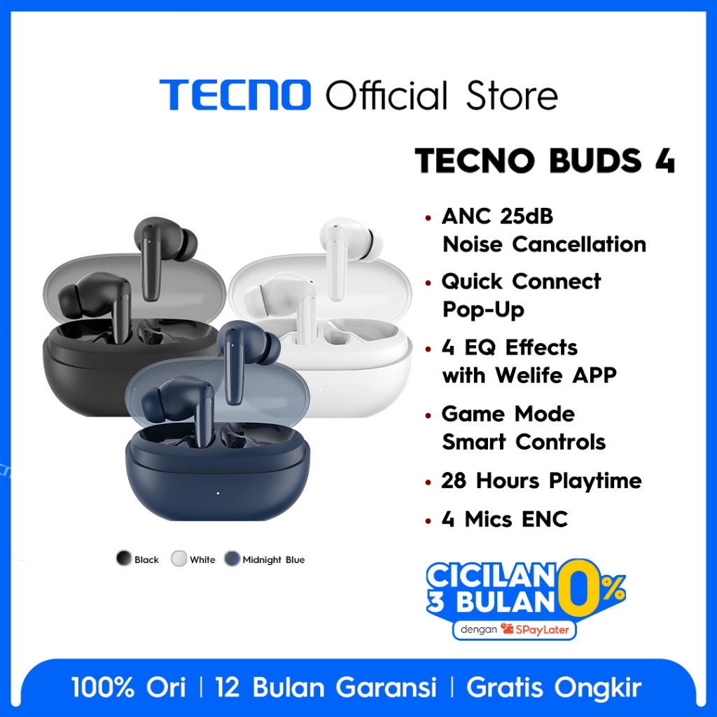 TECNO TWS Buds 4 - 25dB ANC, Auto Connection Pop-up, Multi-EQ Effects with Welife APP, Auto Game Mode, 28-Hour of Playtime, 4 Mics ENS