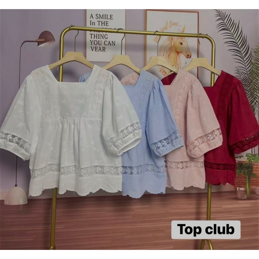 Atasan blouse katun tangan balon pendek bordir wanita top club bangkok bkk
