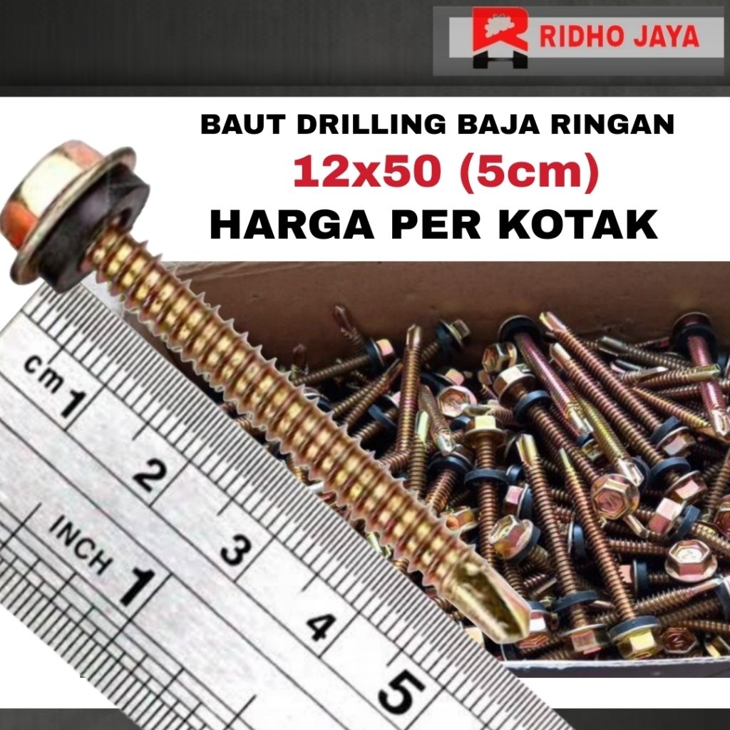 Baut Drilling ukuran 12x50 Per Kotak Isi 300Pcs,Panjang 5cm, Kunci 8, Baut atap spandek, galvalum