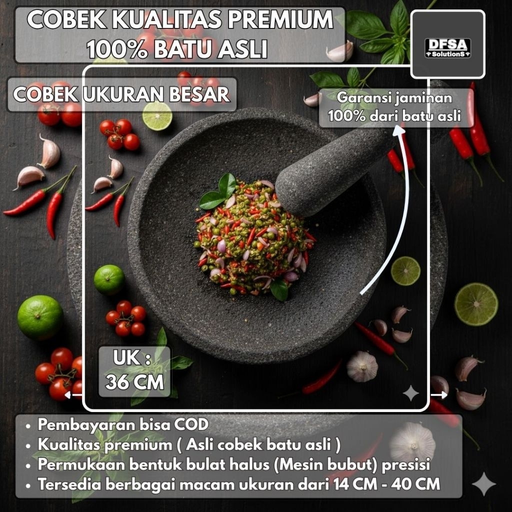 Ukuran besar 36 cm, Cobek batu asli 100%