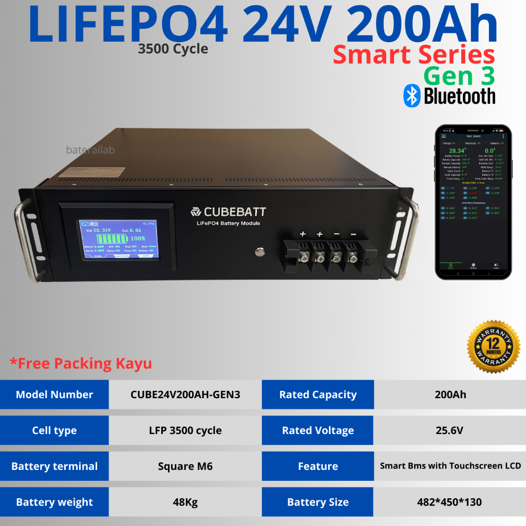 Baterai Lifepo4 24V 200Ah New Cycle Life 3500-5000 Design life 5-10 Tahun Untuk PLTS Backup Eco
