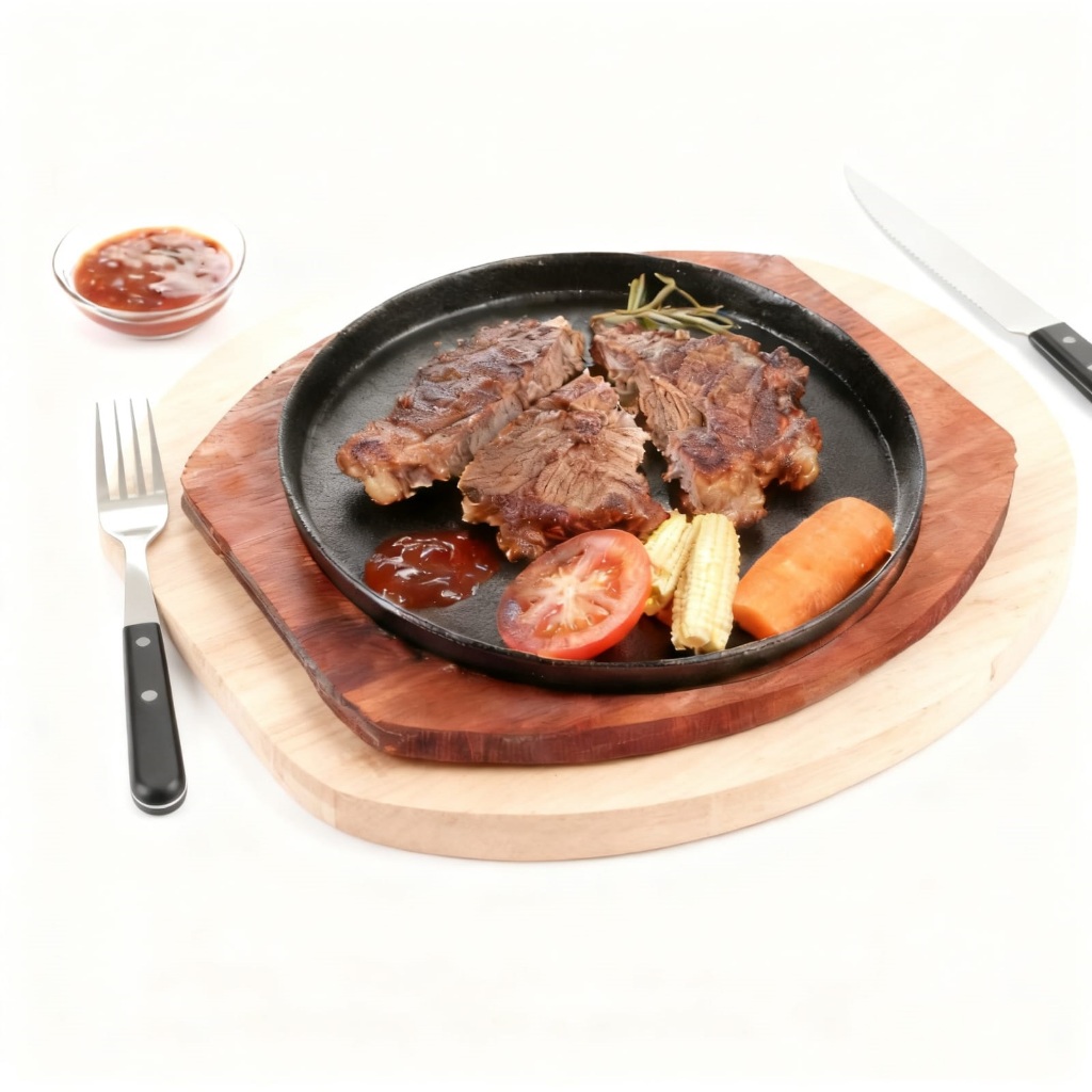 Home Line Cast Iron Skillet Hot Plate Bulat Steak Barberque Tatakan Kayu