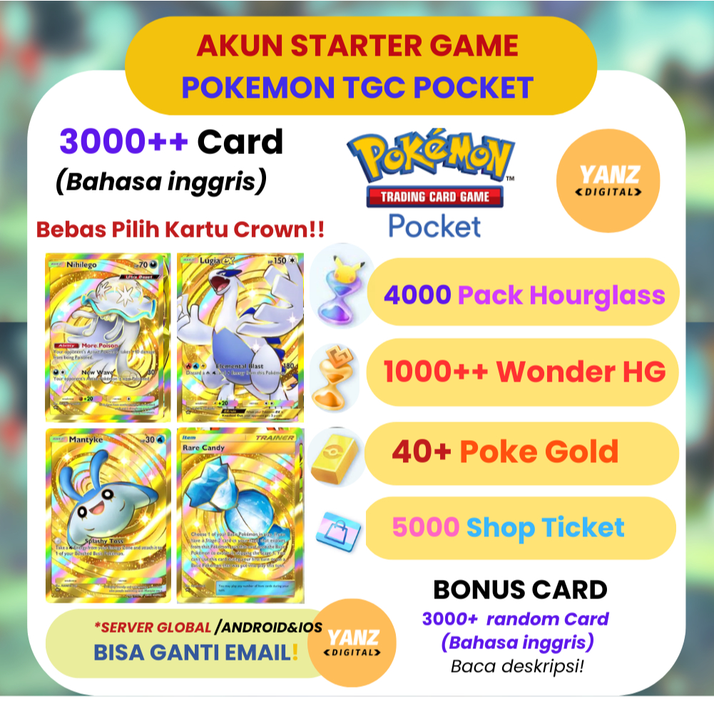 Akun Pokemon TCG Pocket 3000+ Card Crown Lugia/Nihilego/RareCandy/Mantyke +4000 Hourglass 40 Gold