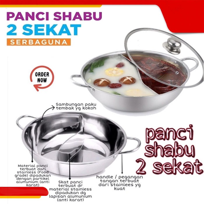OMICKO Panci Shabu-shabu Tutup Kaca Panci Suki Pan Hotpot Steamboat Kuah 2 Sekat Stainless Steel