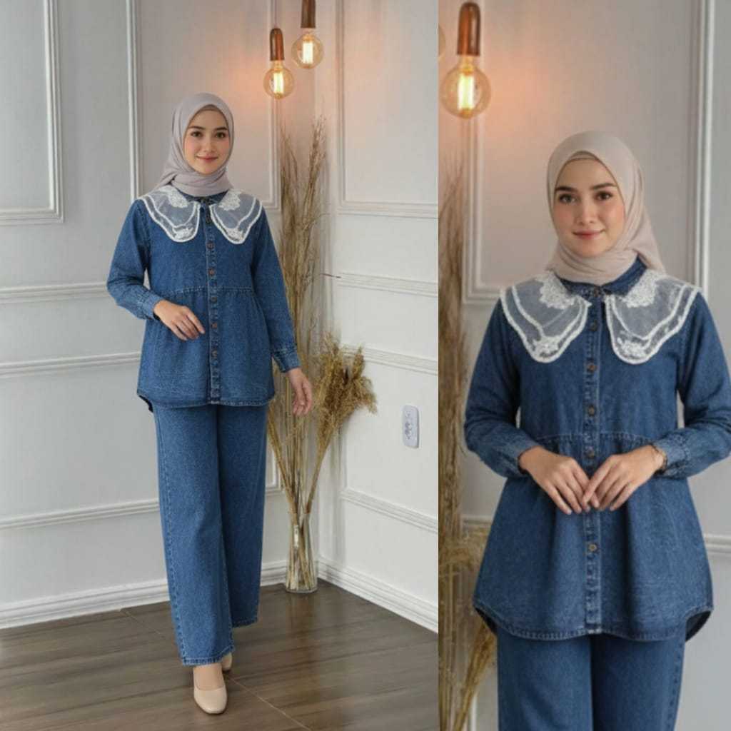 Setelan Jeans Mix Organza Bordir - Organza Setcel