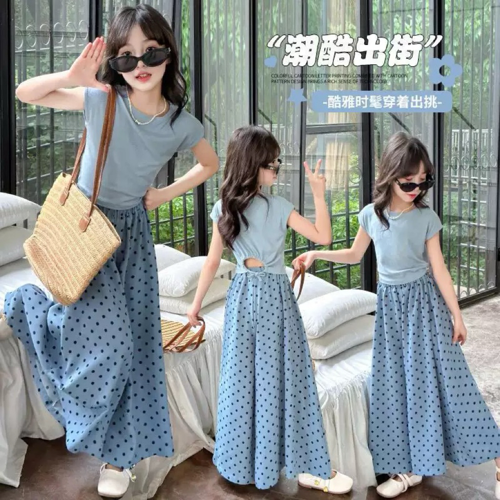 Setelan Crop Biru dan Celana Polkadot/Setelan Baju Anak Tanggung/Baju Anak Setelan Import/Baju Anak 