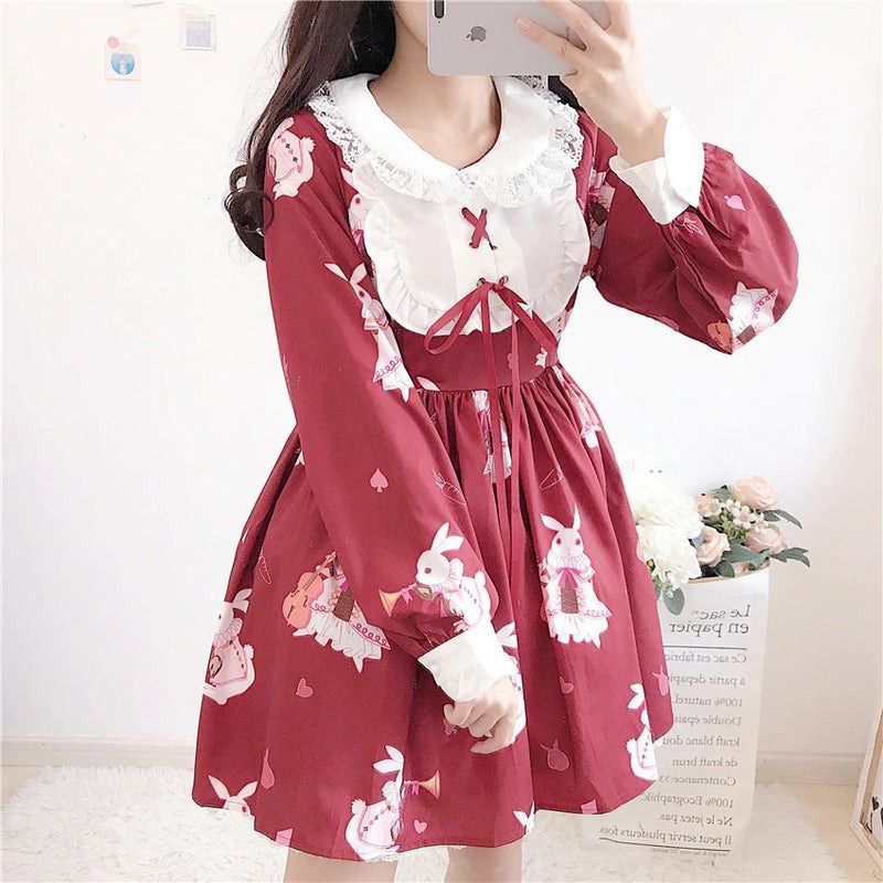 (Baca Deskripsi) Red Bunny Rabbit Classic Lolita Dress Murah Kawaii Vintage Maroon Gaun Gadis Cewek 