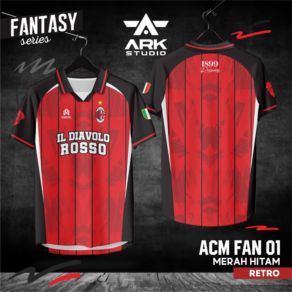 Jersey Futsal ACM FAN 01 & 02 Merah Hitam Retro Atasan Full Printing – Baju Bola Printing Premium