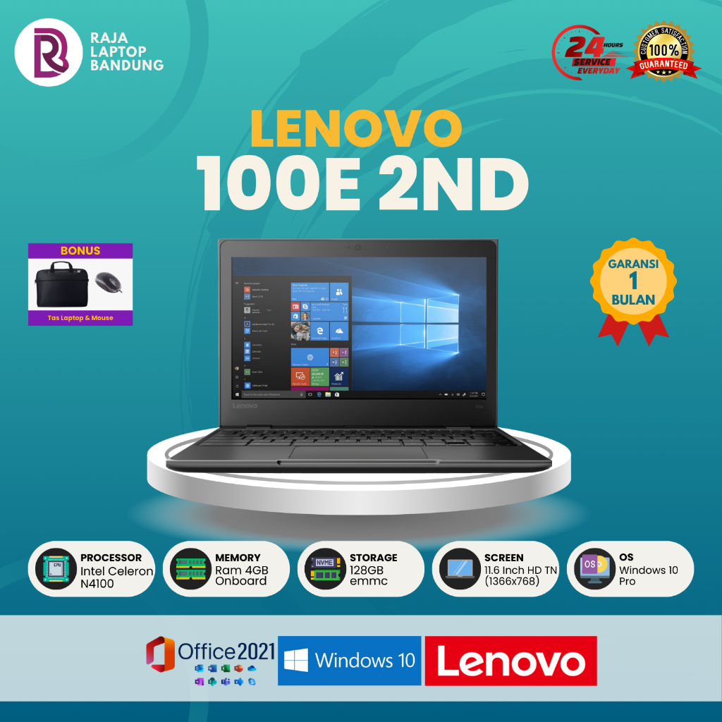 Laptop Lenovo ThinkPad 100e 2nd Intel Celeron N4100 RAM 4GB SSD 256GB 11.6 Inch HD Mulus Bergaransi