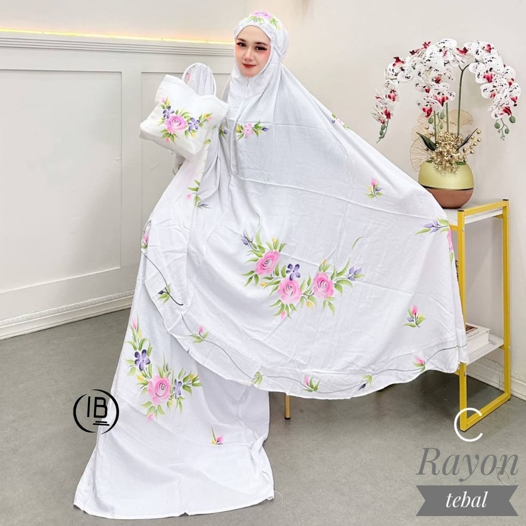 mukena dewasa mukena lukis putih motif bunga adem