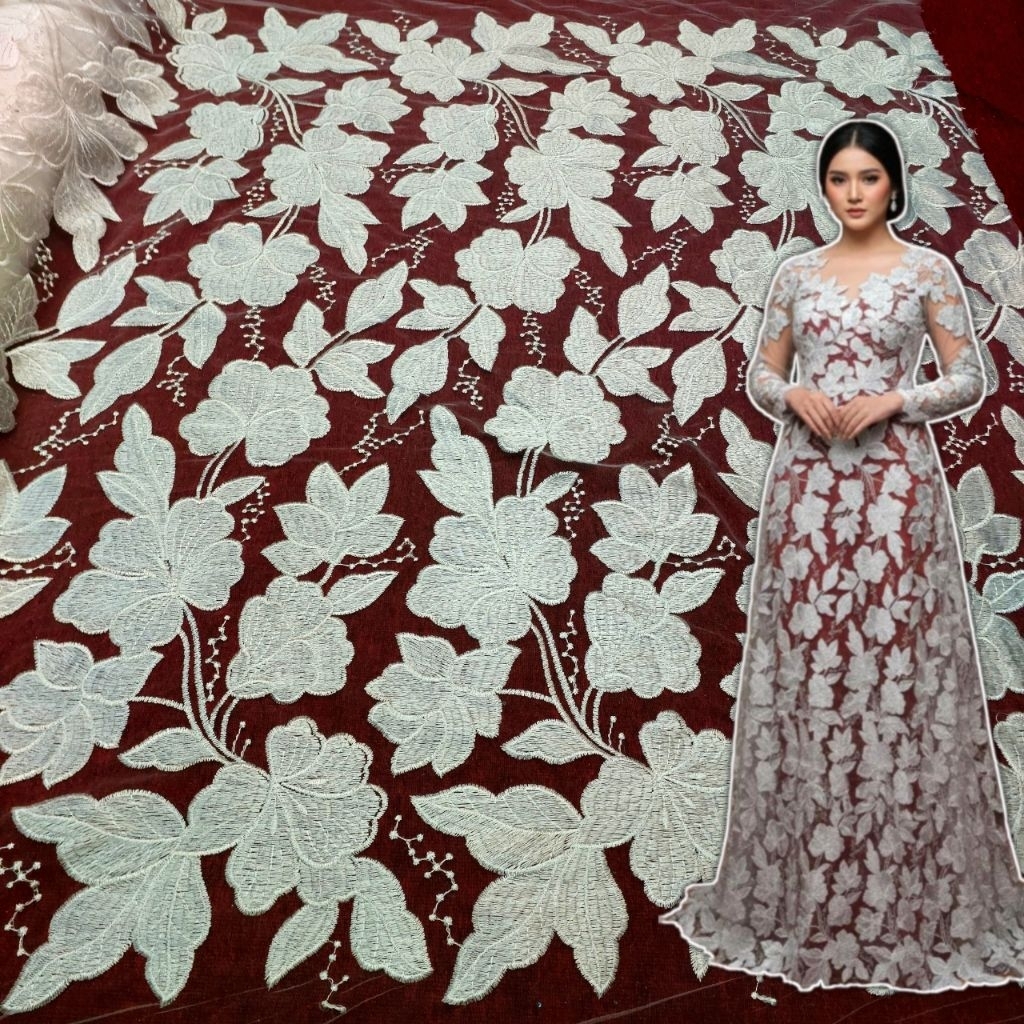Kain tile motif daun full bordir timbul/Bahan Kain Tile Prada Untuk Kebaya Dan Busana Wanita