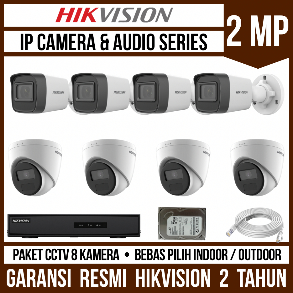Paket CCTV Hikvision IP Camera 2MP 8 Channel 8 Kamera Audio Series IP Cam