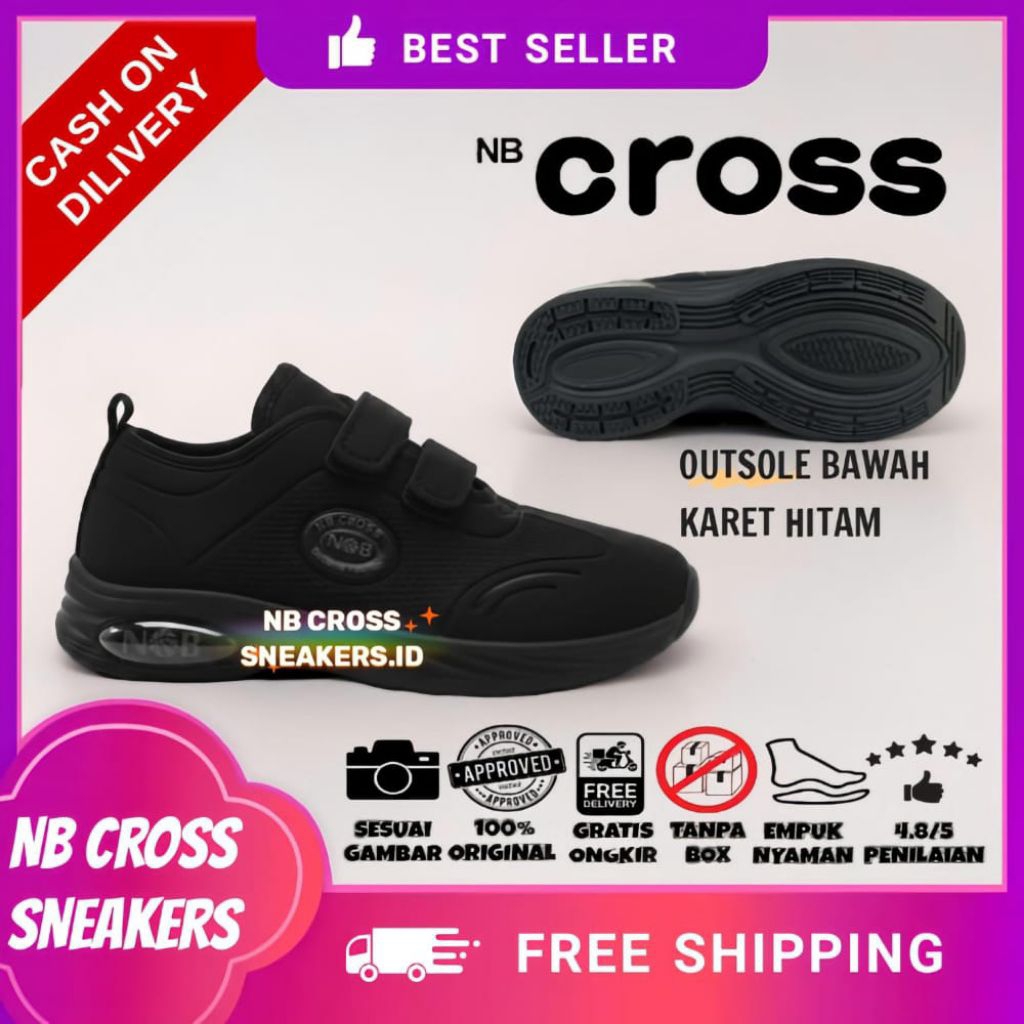 Sepatu NB Hitam Perekat Sekolah Tanpa Tali Sepatu Hitam Laki2 dan Perempuan TANPA BOX