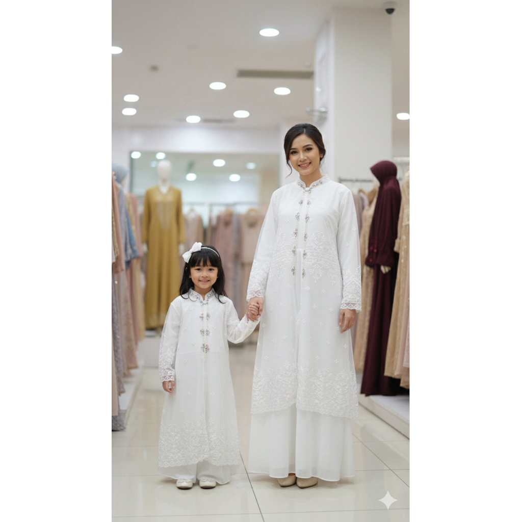 Gamis couple ibu dan anak (warna Warna Putih)Gamis outher lepas pasang -Gamis couple ibu anak kekini