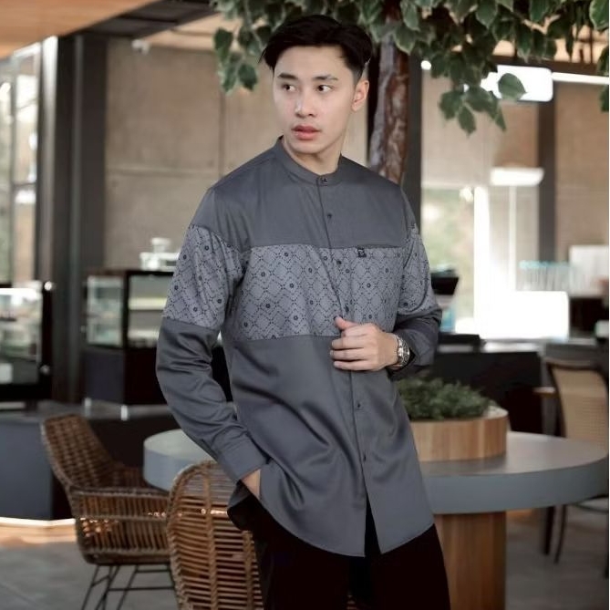 baju koko kurta pria lengan panjang motif batik trz mahogani