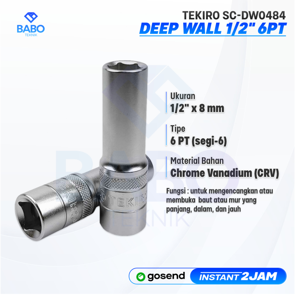 TEKIRO Mata Sok 8 mm Panjang Deep wall Socket 1/2” 6 PT Mata Kunci Shock 8 mm Mata Sock Panjang 8 mm
