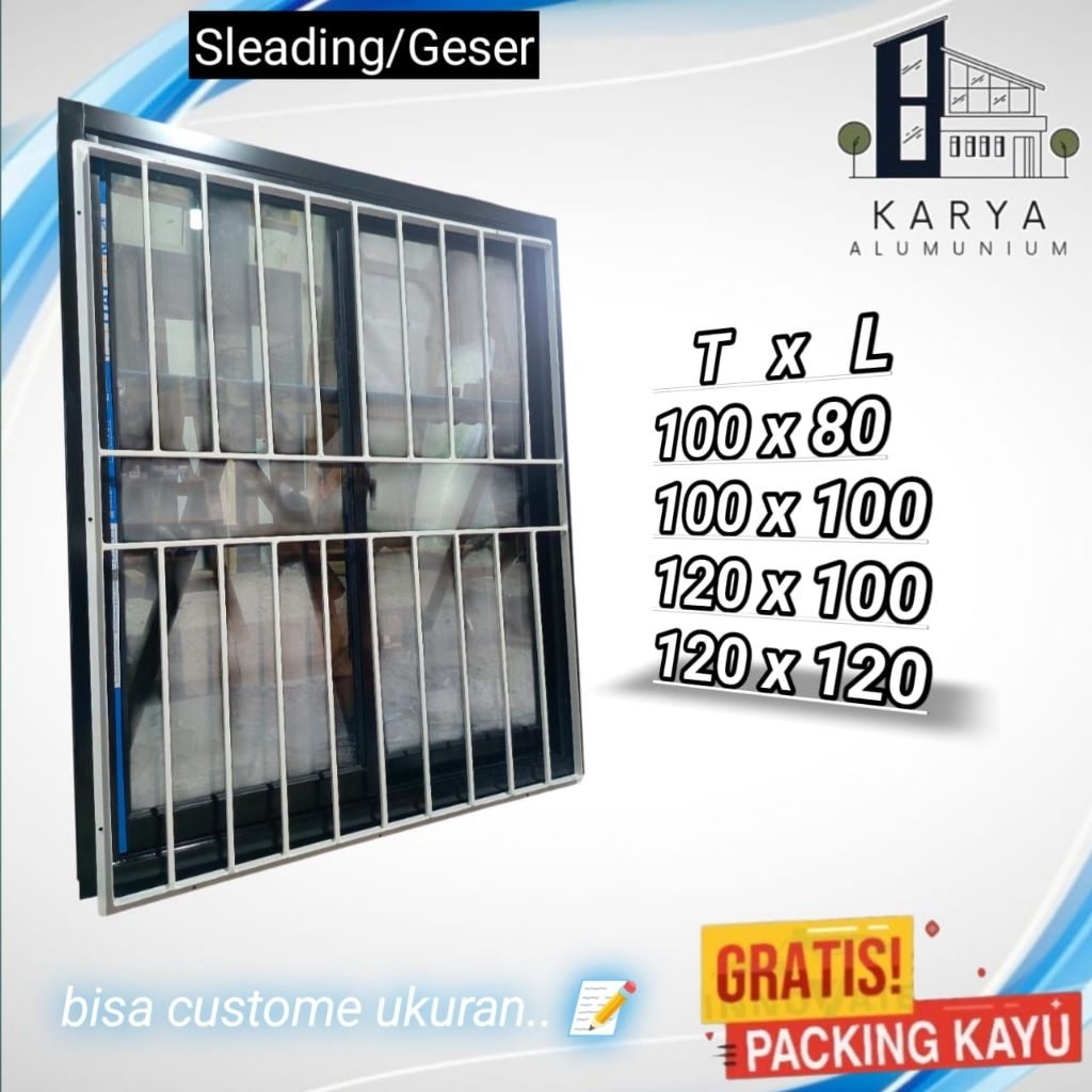 jendela aluminium sleding/geser+teralis 3inc ukuran bervariasi bisa custom ukuran lengkap asesoris f