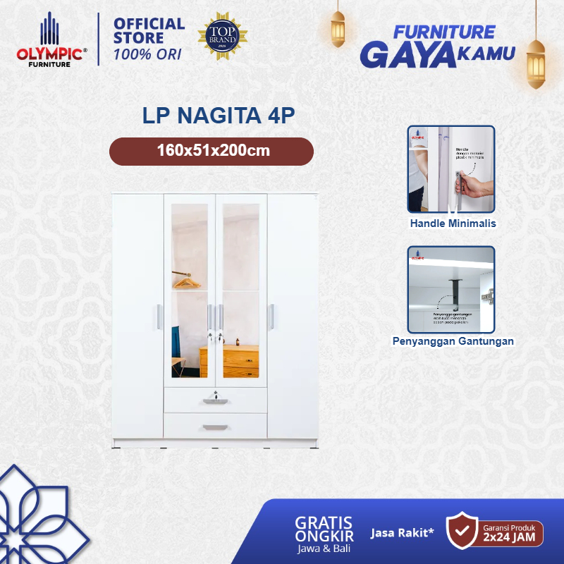 Olympic Lemari Pakaian Besar 4 Pintu / Lemari Baju / Lemari Putih / Lemari Gamis / LP NAGITA 4P