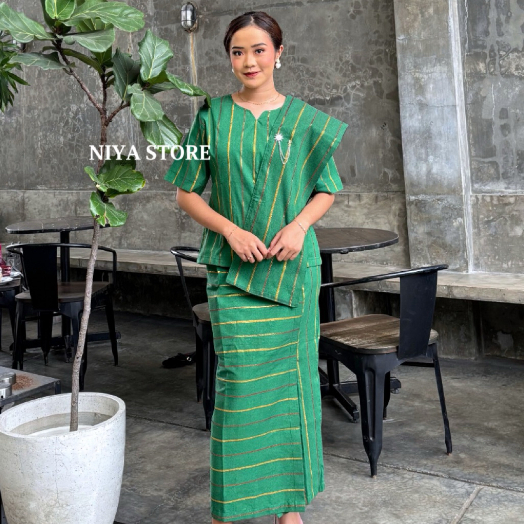 NIYA TENUN || Baju Tenun Lurik Setelan Atas Bawah Rok Lurik Motif Salur Khas Toraja Free Selendang