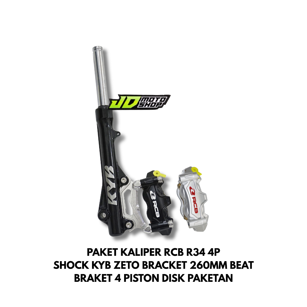 PAKET SET KALIPER RCB R34 4P BLACK SILVER KIRI + SHOCK KYB ZETO + BRACKET CNC 260MM BEAT VARIO SCOOP