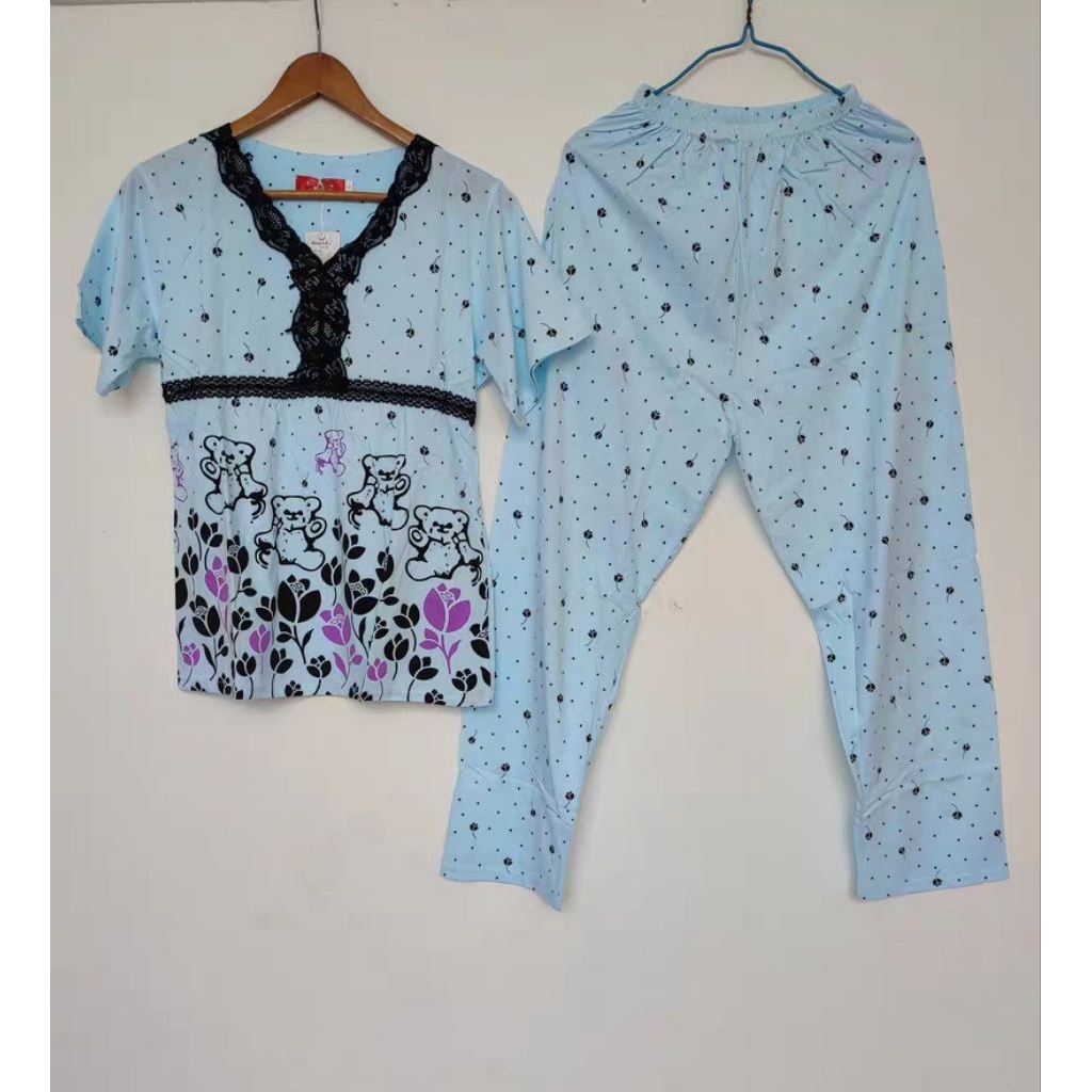 Set pakaian baju tidur pajamas piyama santai wanita berbahan katun murni motif bunga kecil atasan da
