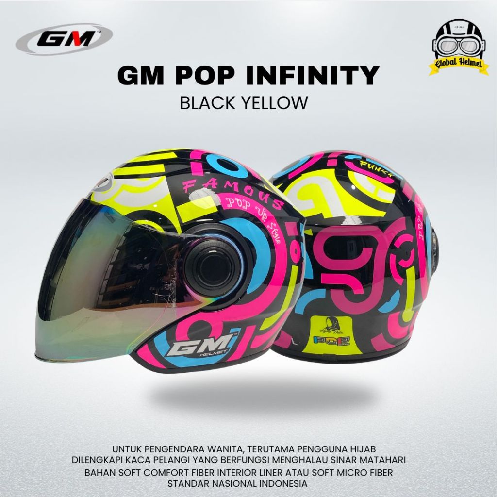HELM GM POP HIJAB INFINITE BLACK YELLOW HELM HIJAB GM POP ANTI PUSING CEPOL WANITA ORIGINAL Helm