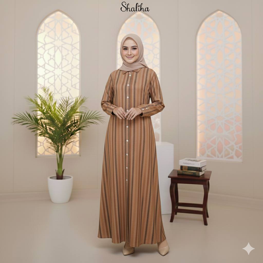 SHALIHA - Gamis Kemeja Shafea Salur Choco Dress Kemeja Linen Garis Syari Gamis Wanita Garis Panjang