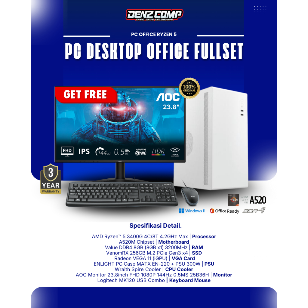 PC DESKTOP FULLSET - AMD RYZEN 5 3400G | iGPU | DDR4 8GB | NVMe 256GB | LED 24" | Keyboard Mouse