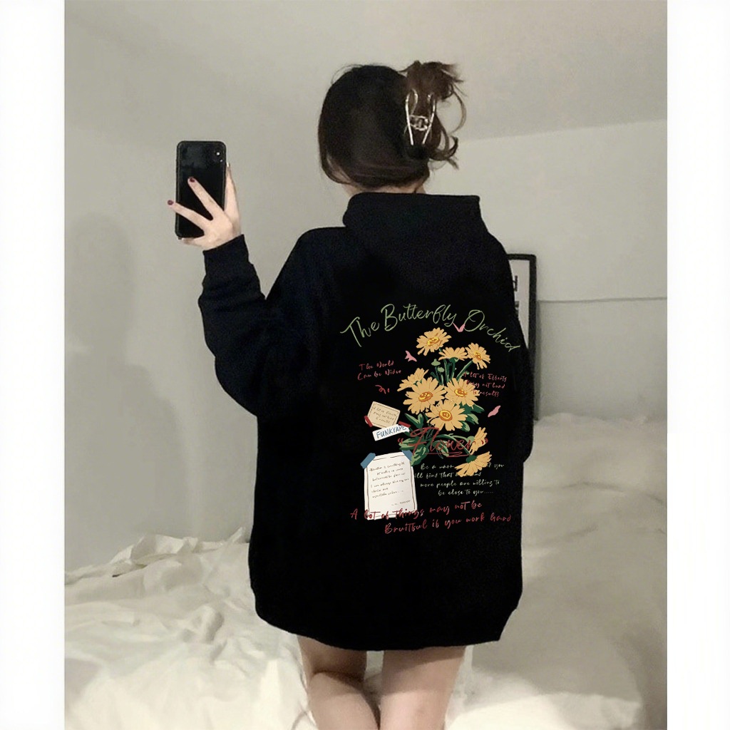 MONSEUR Hoodie Lengan Panjang Wanita Gaya Korea Dengan Motif Bunga Krisan/Sweater Korea Lengan Panja