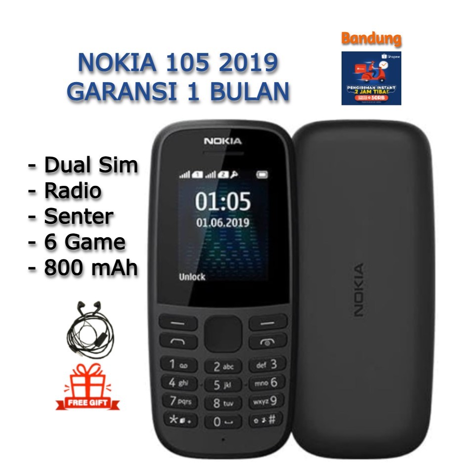 PROMO! HP NOKIA 105 2019 BARU GARANSI 1 BULAN DUAL SIM RADIO SENTER GAME 800mAh