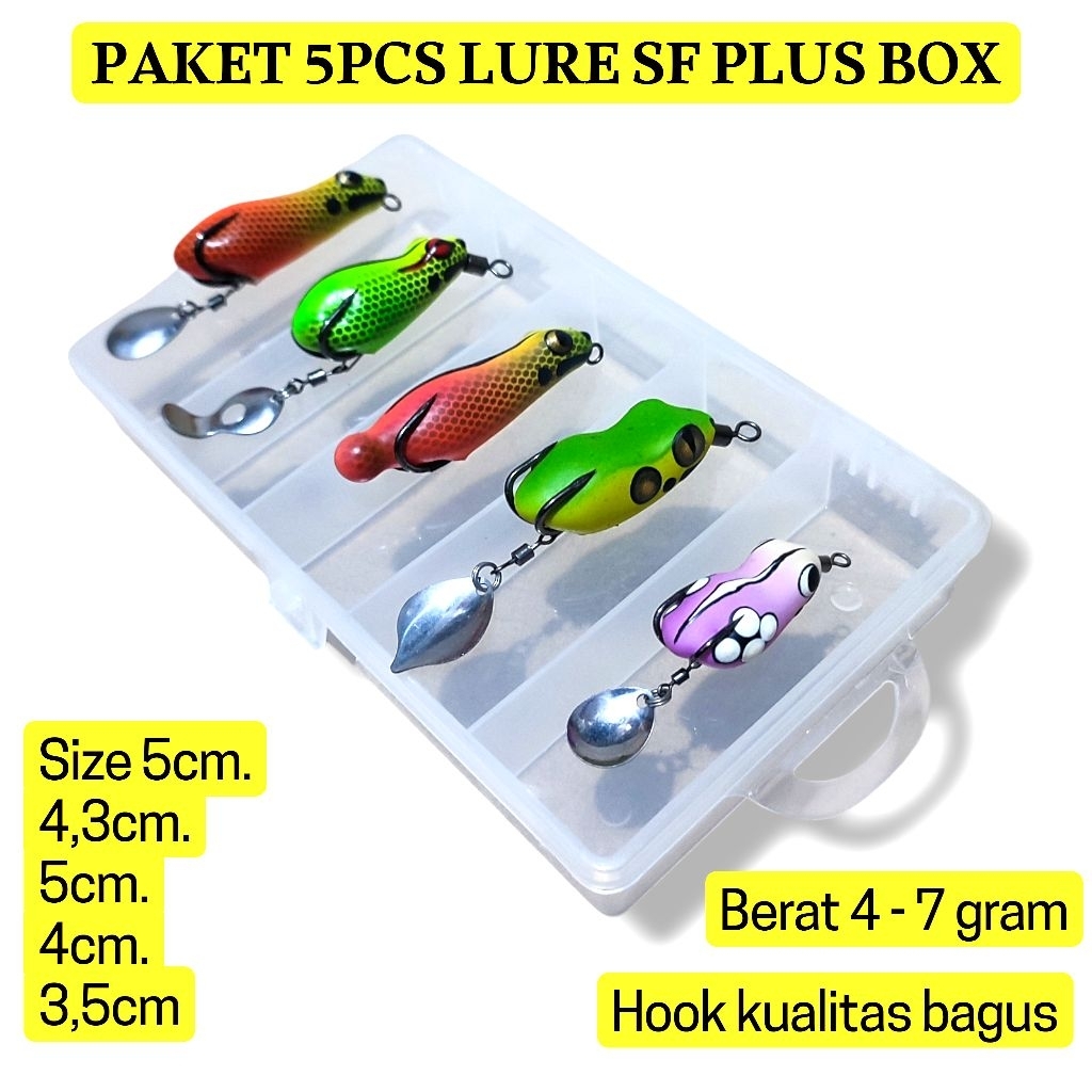 PAKET 5PCS SOFT FROG PLUS BOX LURE. paket lure casting harua.  paket  umpan casting gabus.