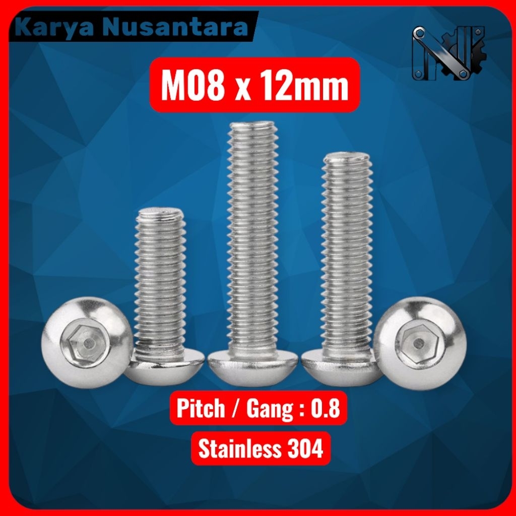 Baut L M8 x 12mm Button Stainless 304 / Baut Button L M8 x 12mm stainless