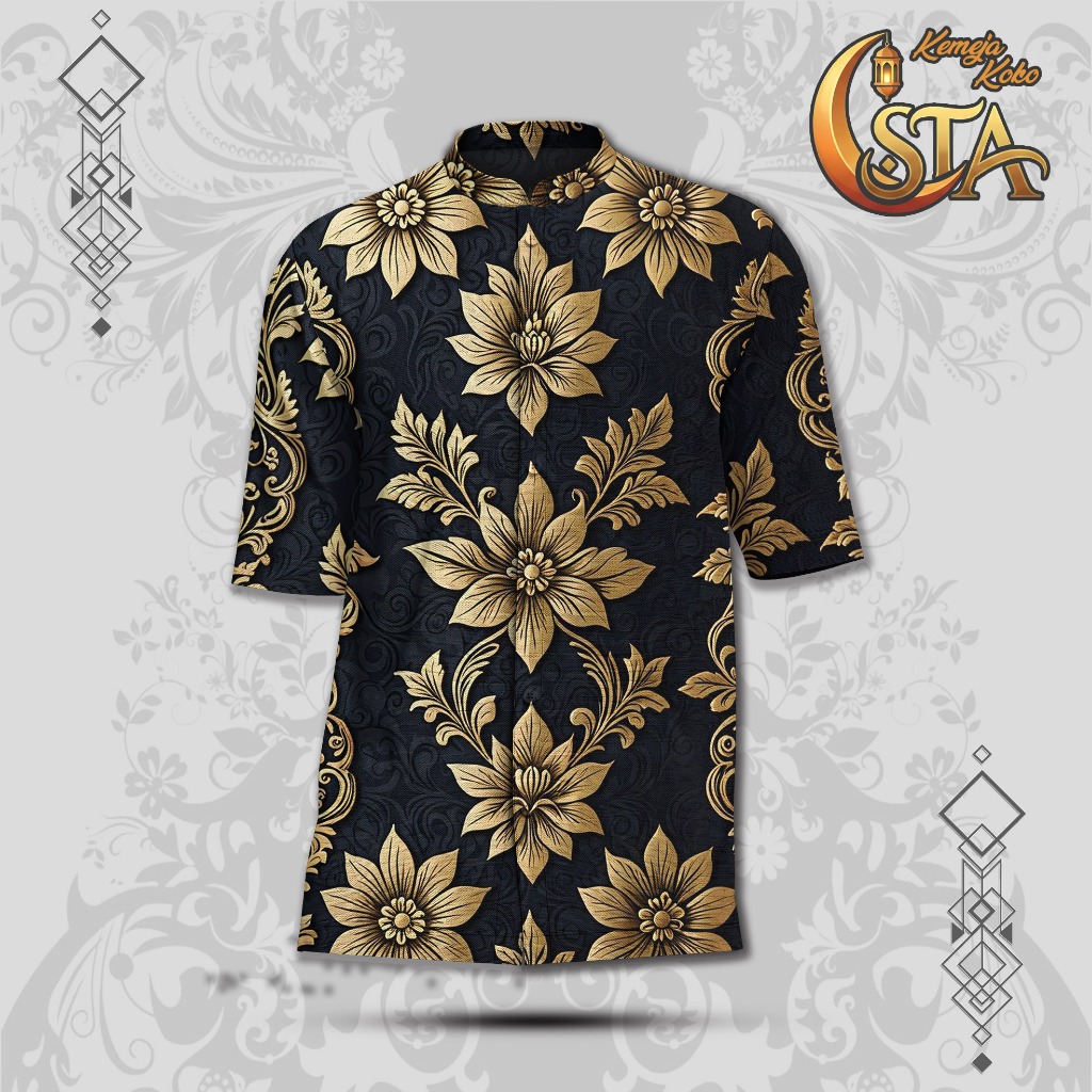 STA.Indonesia Kemeja Koko Pria Motif Bunga Gold Luxury Atasan Muslim Mewah Premium Adem - STKO-12