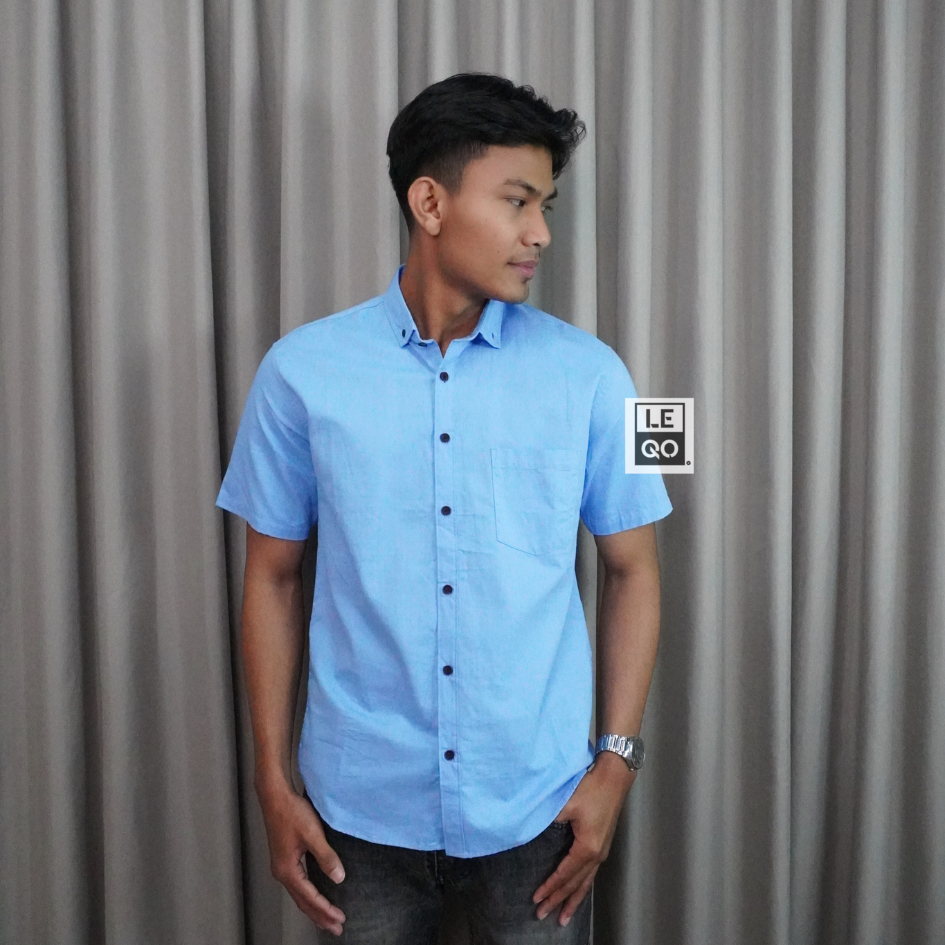 Leqo - Oxford Shirt Kemeja Semi Koko Lengan Pendek Pria Basic Polos Katun Casual Baby Blue