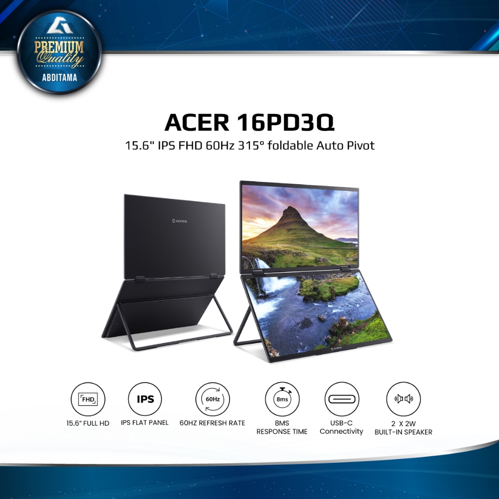 ACER AOPEN 16PD3Q 15.6" IPS FHD 1080p 60Hz USB-Cx2 HDMIx1 Portable Monitor Dual Screen Speaker
