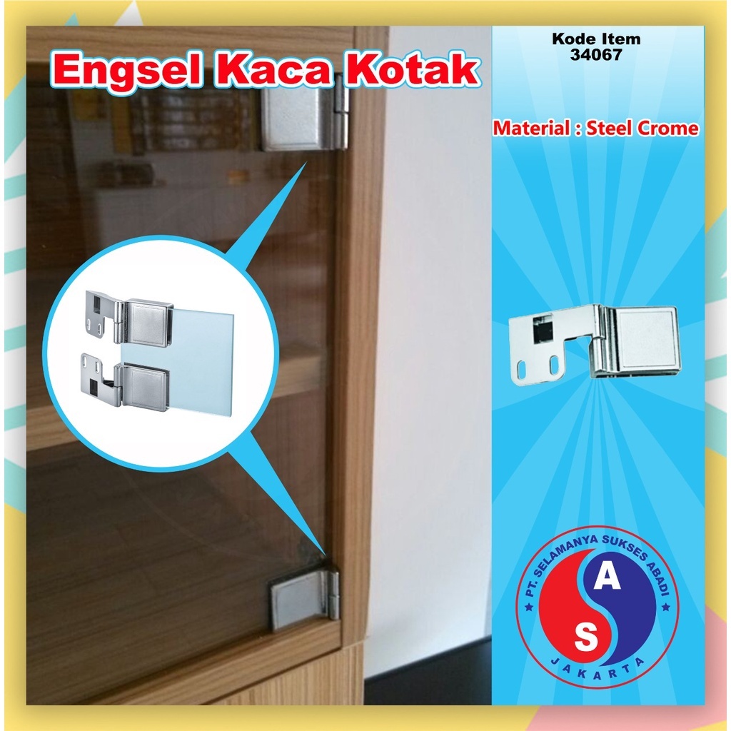 Engsel Pintu Kaca Kotak STEEL CHROME / Lemari Glass Hinge Jepit Kayu