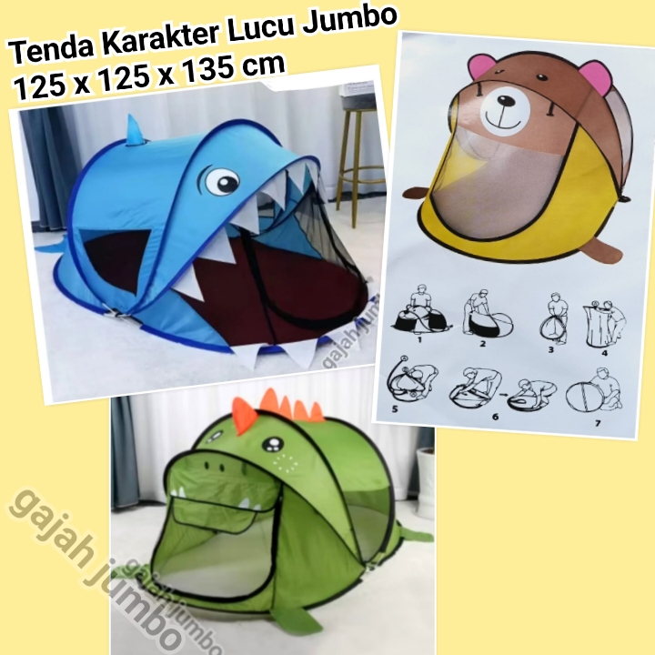 Mainan Tenda Anak Jumbo Karakter Dino Beruang Hiu Pop Up Tanpa Tiang Bisa Dilipat Dimasukkan Tas