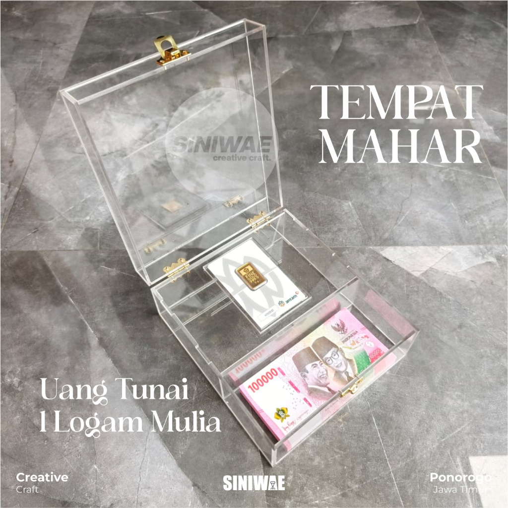 ( Dengan Hiasan ) Tempat Mahar Akrilik 1 LM & Uang Tunai + Hias Box Tempat Antam Logam Mulia Kotak E