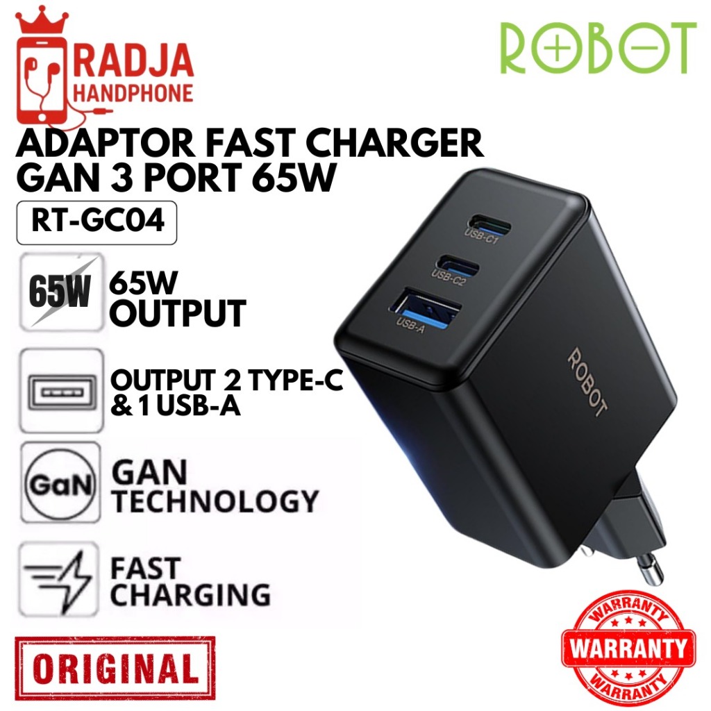 ROBOT RT-GC04 65W GaN Golden Series Charger Fast Charging 3 Port