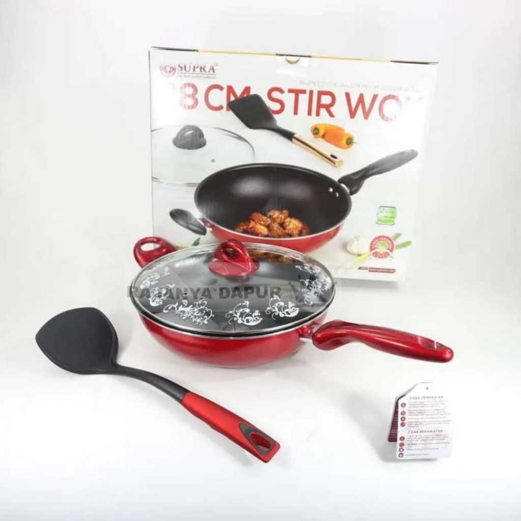 Supra wajan 28 30 32 cm tutup kaca dan spatula/wajan penggorengan teflon supra/ panci teflon supra -