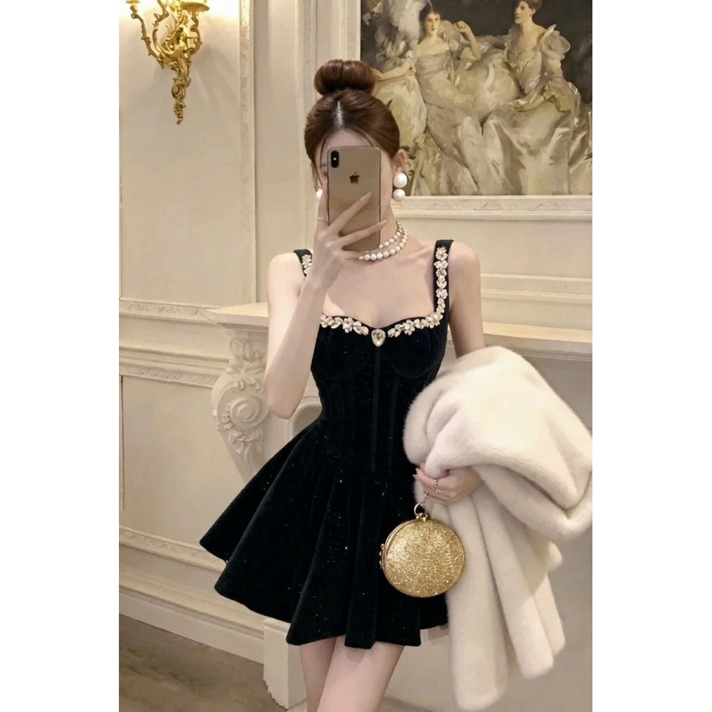DRESS MINI MEKAR VELVET MOTEK DADA U NECK/ DRESS MINI BALON U NECK MOTEK