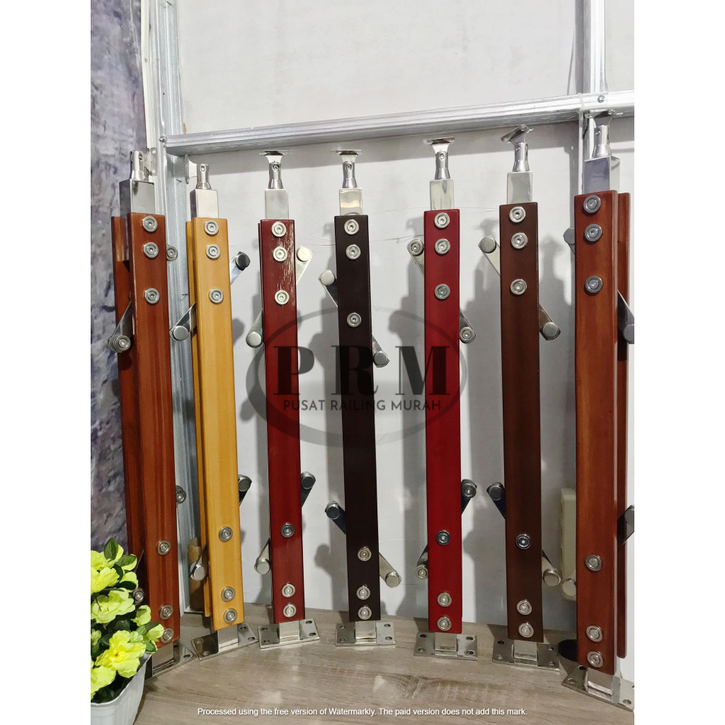 TIANG RAILING TANGGA KAYU KOMBINASI STAINLESS