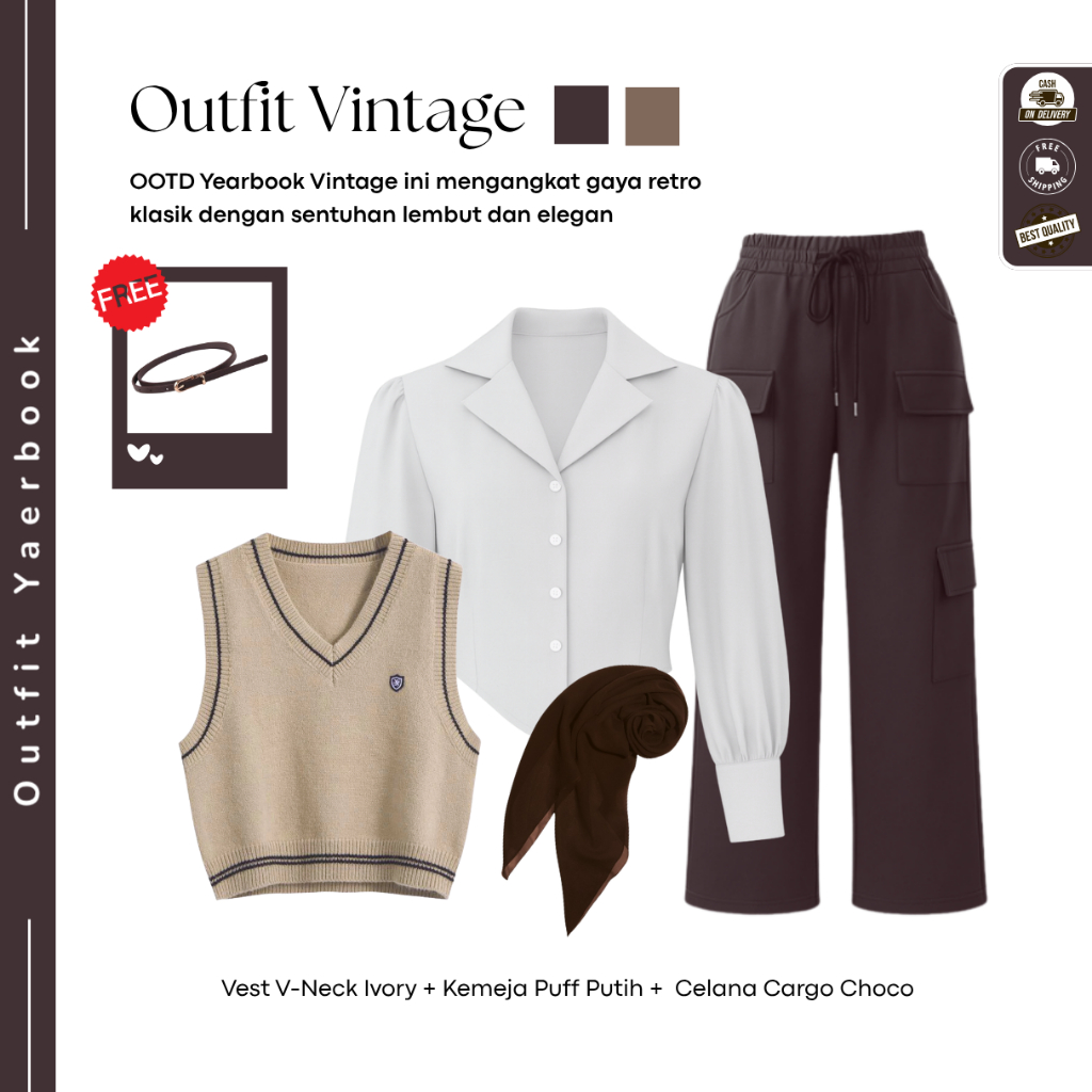 One Set Outfit Yearbook Vintage (Vest + Blouse + Celana Cargo ) Outfit Yearbook Kekinian Remaja - FO